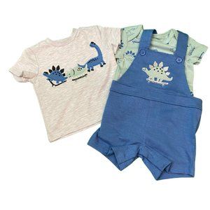 Pekkle Baby Toddler 3-Piece Outfit Set | Dinosaur Overall Bodysuit & T-Shirt